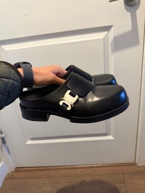 1017 ALYX 9SM Black Leather Mule Clogs with Silver Buckle